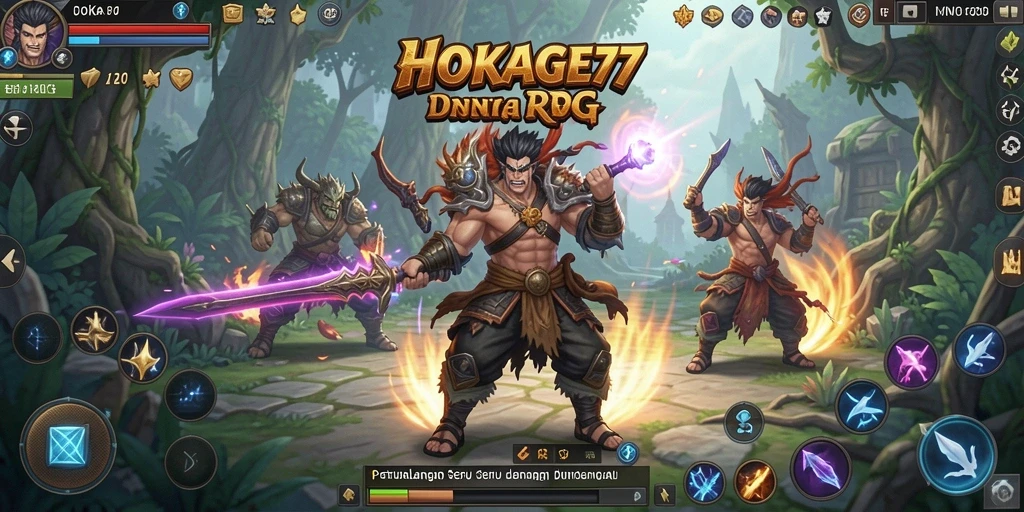 Tangkapan layar gameplay HOKAGE77 dengan pertempuran seru di dunia RPG.